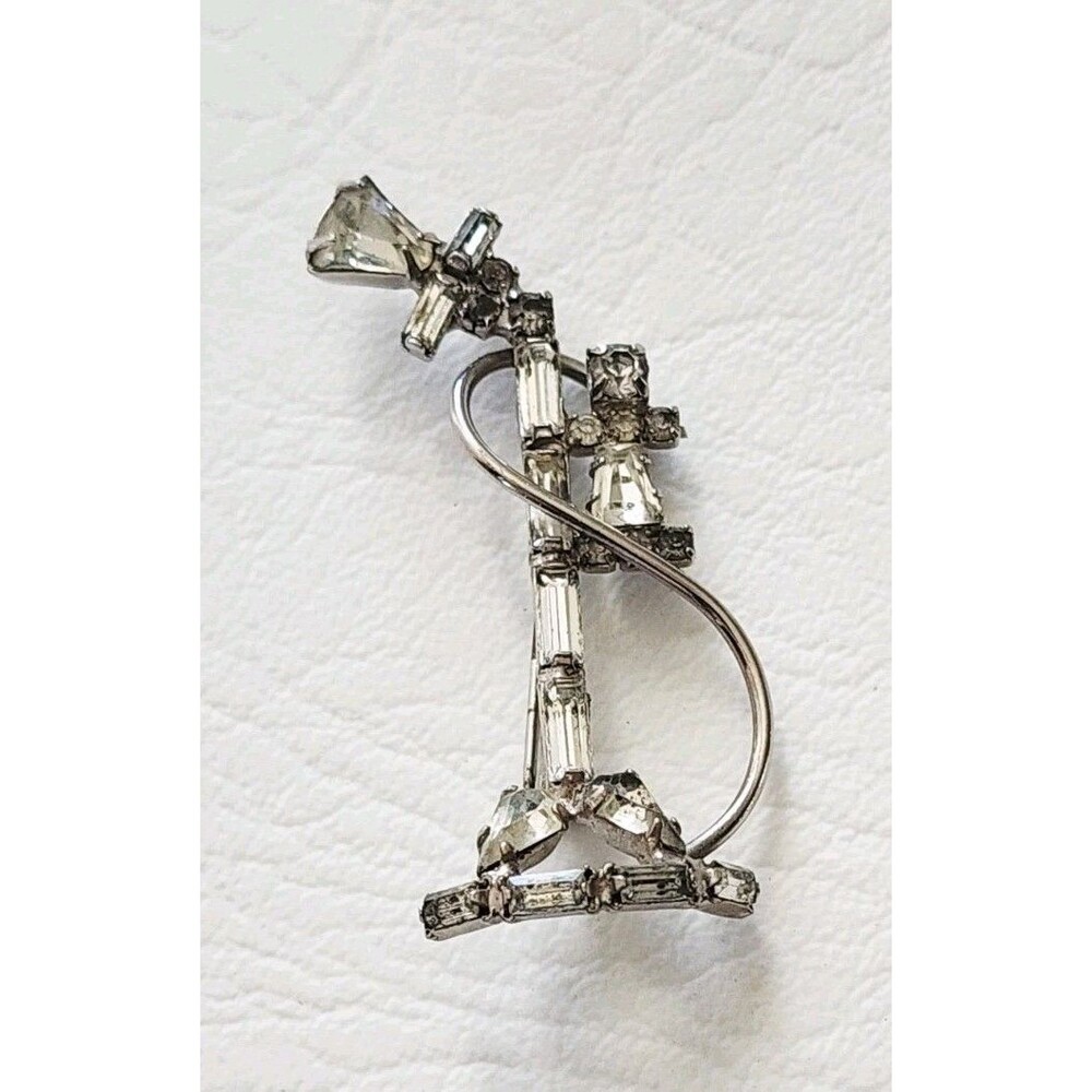 Vintage Clear Rhinestone Upright Old Phone Brooch Pin 2"